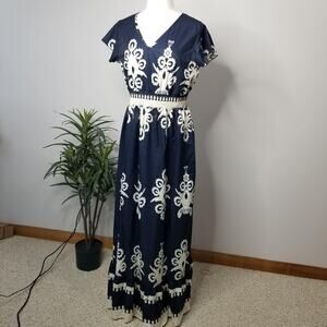 Boho Maxi Dress Womens Large Blue White Floral V Neck Short Sleeve Smocked Waist